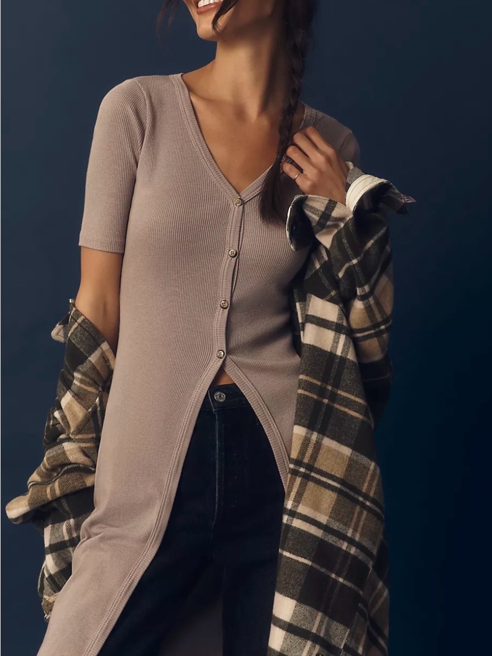 T.La Short-Sleeve Rib Duster Cardigan Sweater
